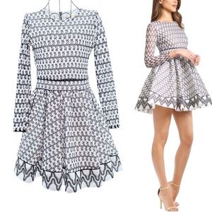 Maje Royan Black and White Patterned Long Sleeve Flare Skirt Mini Dress, Size 1
